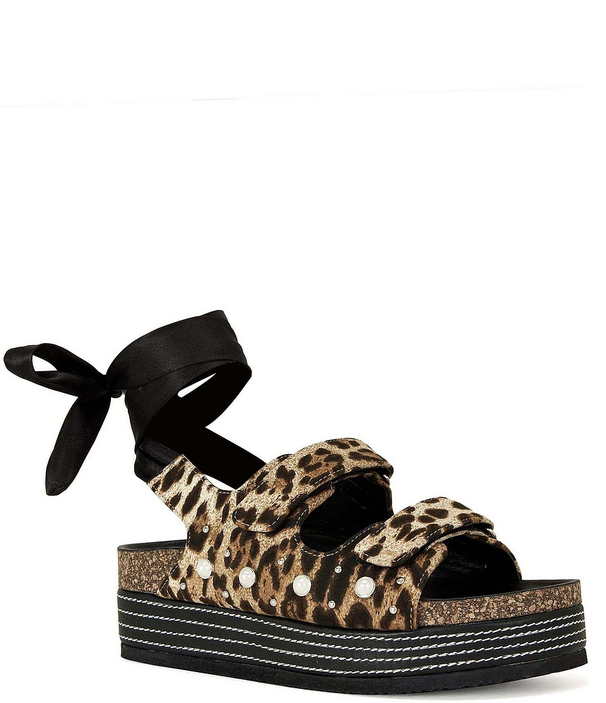 Azalea Wang Mackley Leopard Ankle Wrap Platform Sandals