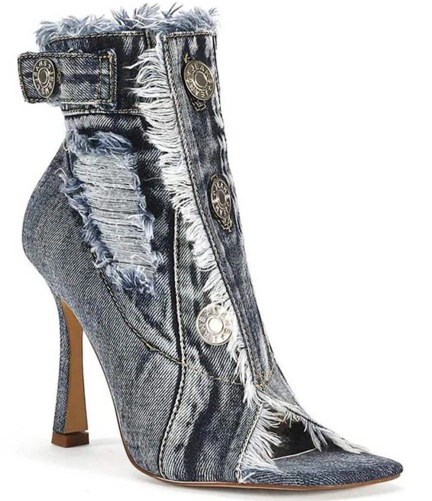 Azalea Wang Tandy Distressed Denim Peep Toe Booties