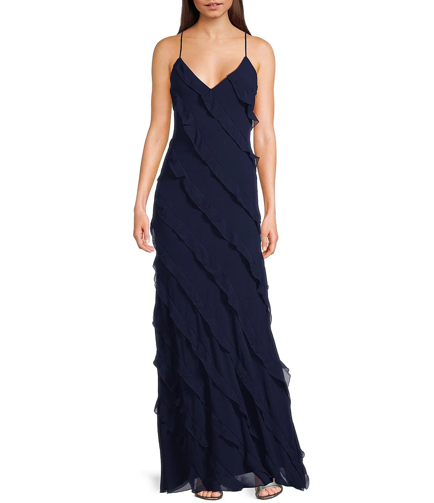 B. Darlin All Over Ruffle Trim V-Neck Spaghetti Strap Long Dress