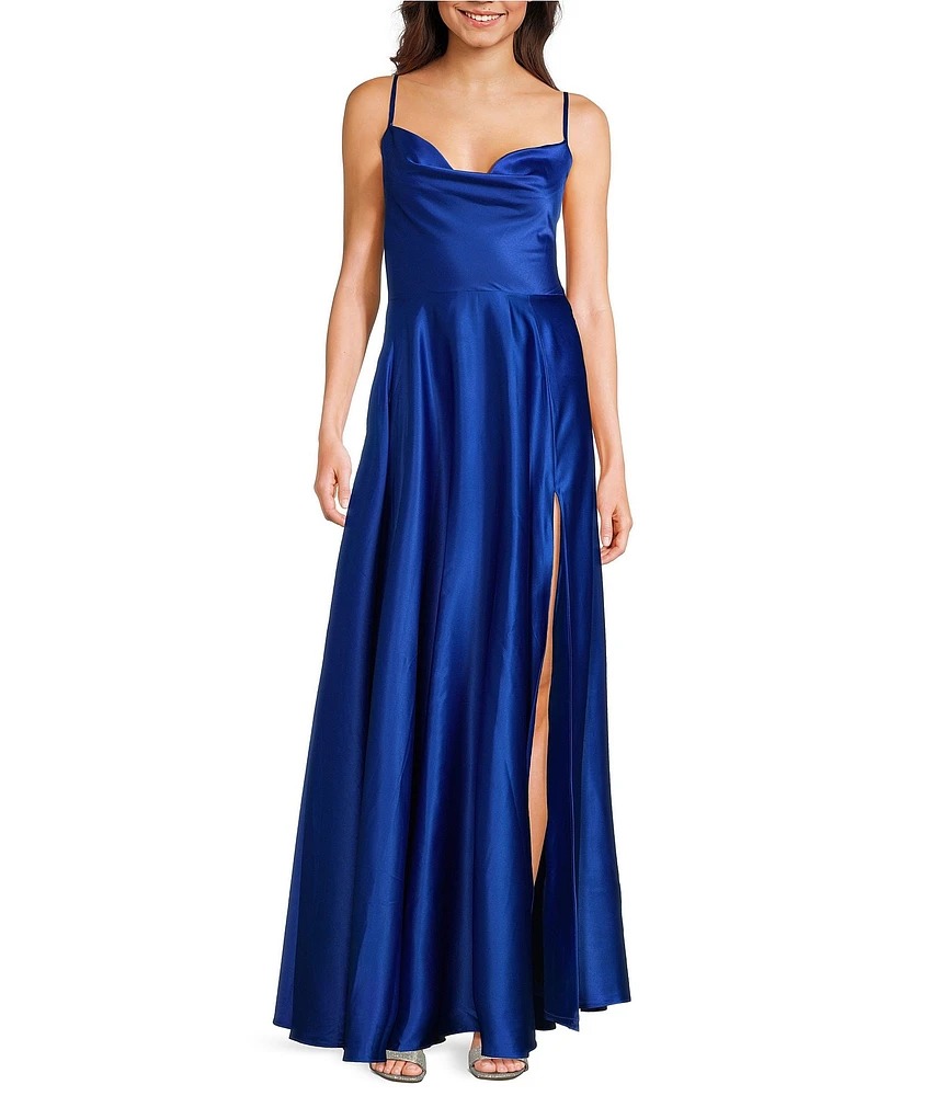 B. Darlin Cowl Neck Spaghetti Strap Lace Up Back Side Slit Dress