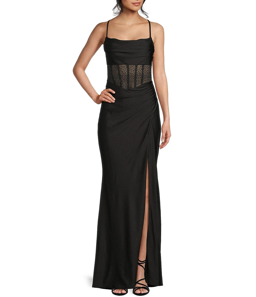 B. Darlin Cowl Neck Spaghetti Strap Rhinestone Illusion Corset Bodice Front Slit Dress