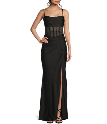 B. Darlin Cowl Neck Spaghetti Strap Rhinestone Illusion Corset Bodice Front Slit Dress