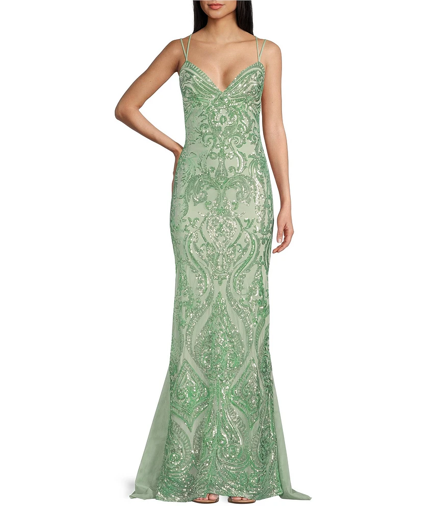 B. Darlin Double Spaghetti Strap V-Neck Lace-Up Back Sequin Dress