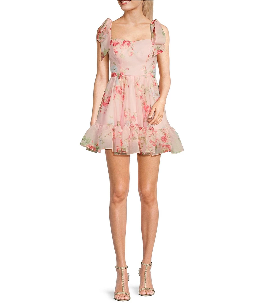 B. Darlin Floral Print Sweetheart Neck Wide Tie Strap Ruffle Hem Dress
