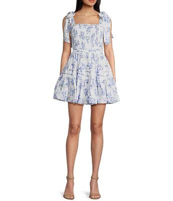 B. Darlin Floral Print Tie Strap Smocked Bodice Fit & Flare Dress