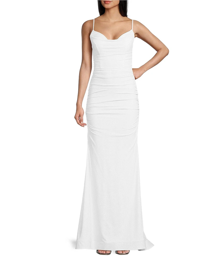 B. Darlin Glitter Ruched Cowl Neck Long Dress