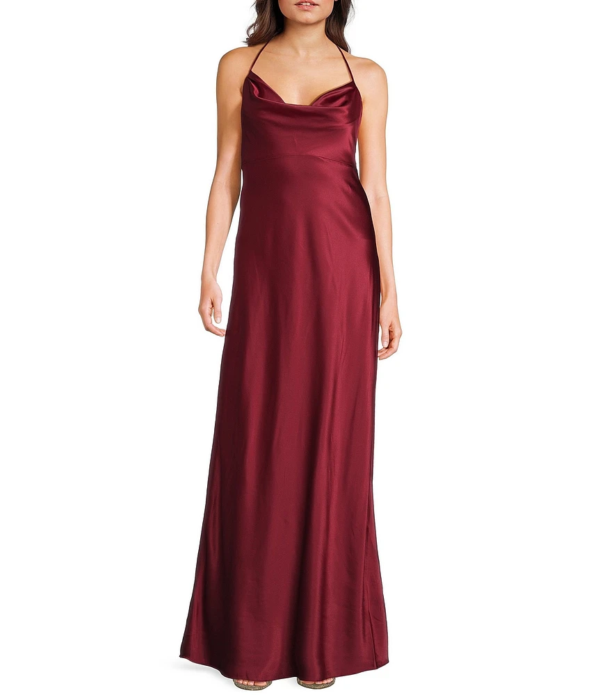 B. Darlin Halter Cowl Neck Spaghetti Strap Long Dress