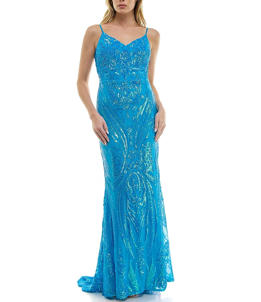 B. Darlin Patterned Sequin V-Neck Spaghetti Strap Open Back Dress
