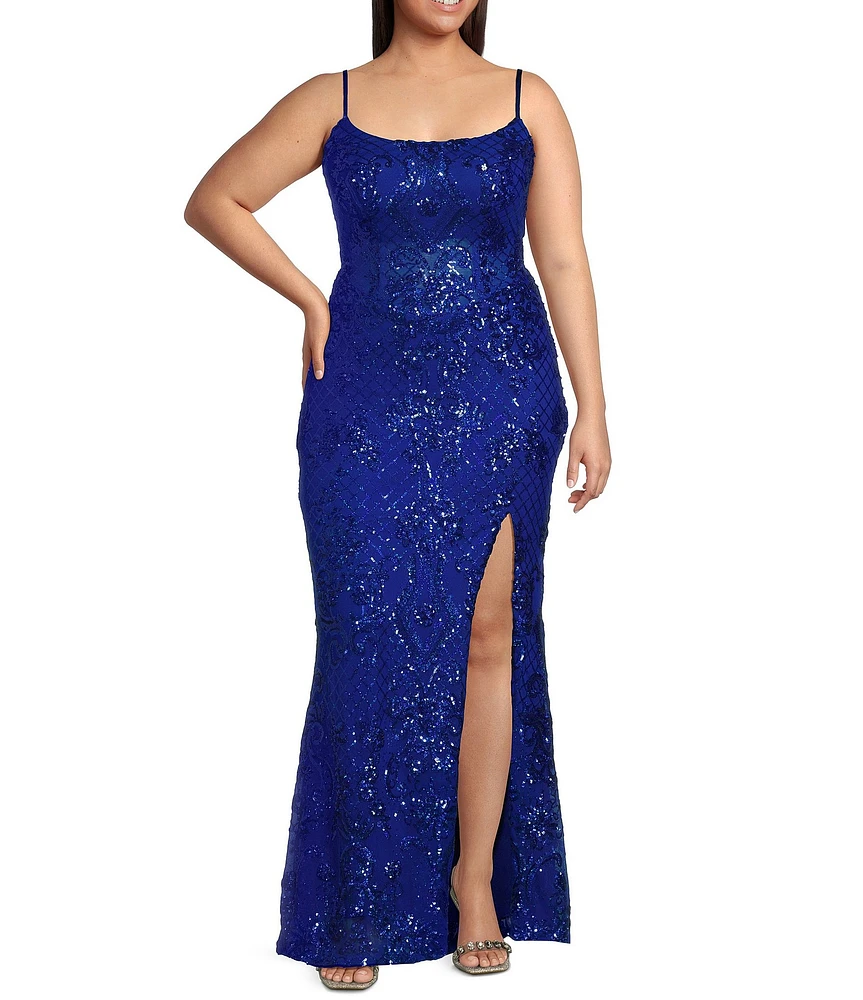 B. Darlin Plus Size Sequin Pattern Scoop Neck Spaghetti Strap Side Slit Dress