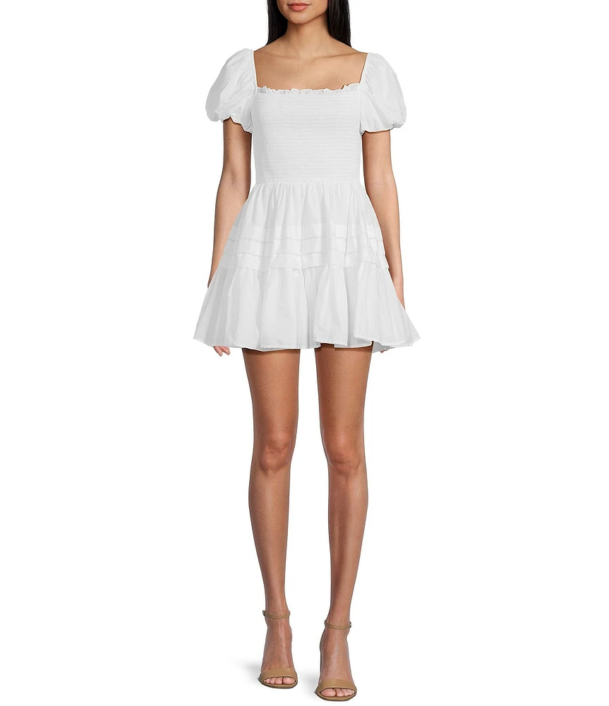 B. Darlin Puff Short Sleeve Square Neck Smocked Skater Skirt Dress