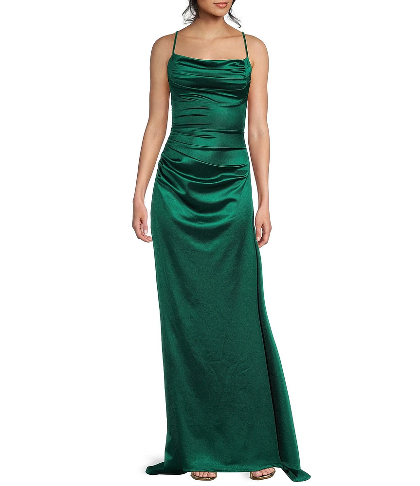 B. Darlin Satin Cowl Neck Shirred Lace-Up Back Long Dress