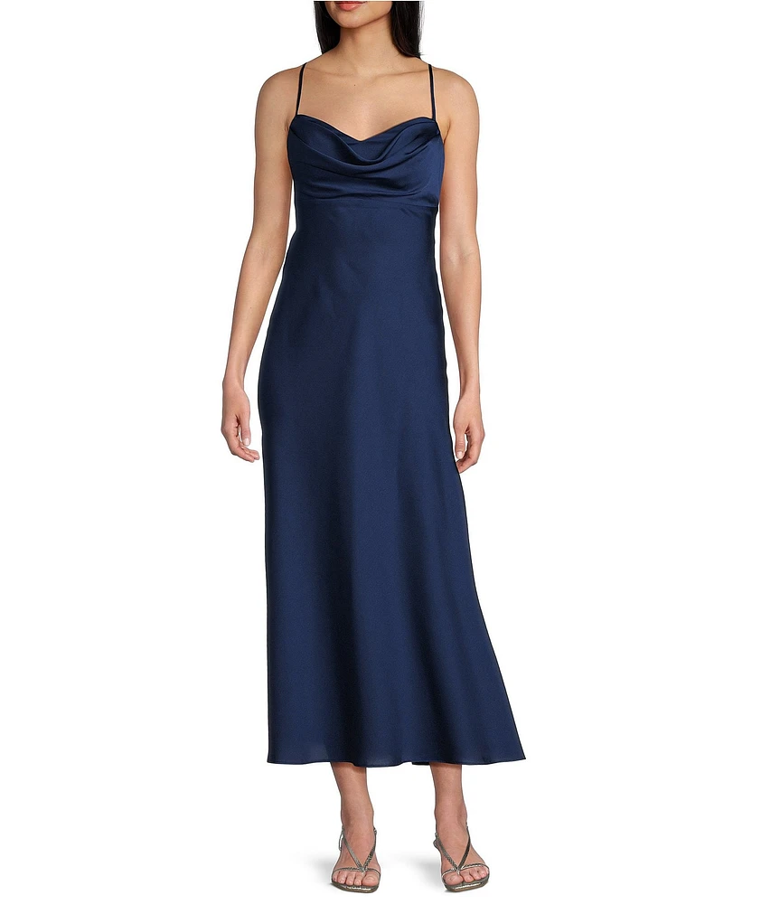 B. Darlin Satin Drape Neck Spaghetti Strap Lace Up Back Dress
