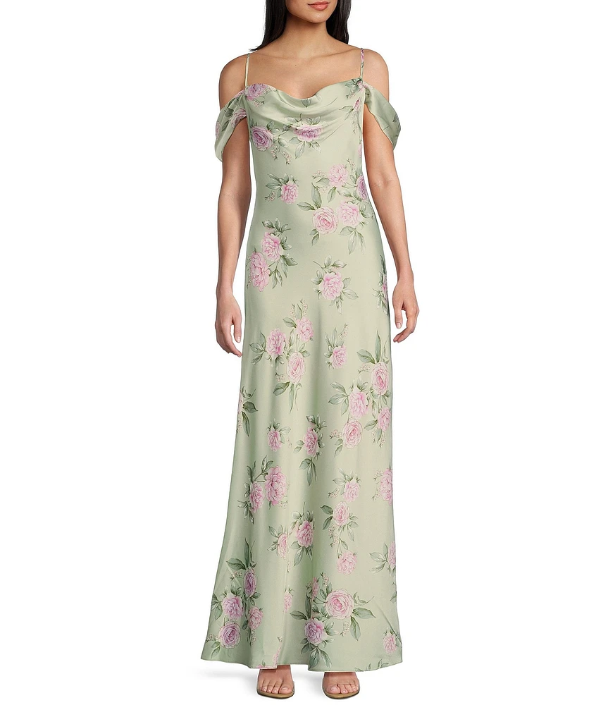B. Darlin Satin Floral Print Off-The-Shoulder Cowl Neck Dress