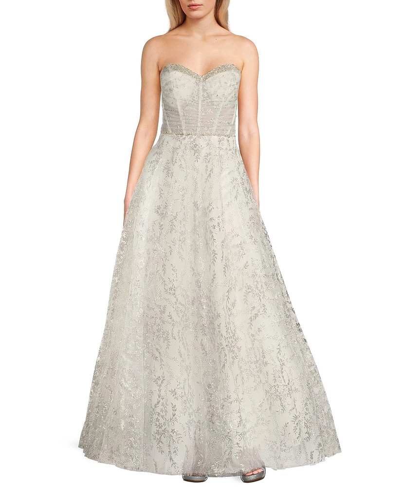 B. Darlin Sequin Mesh Embroidered Strapless Sweetheart Neck Dress