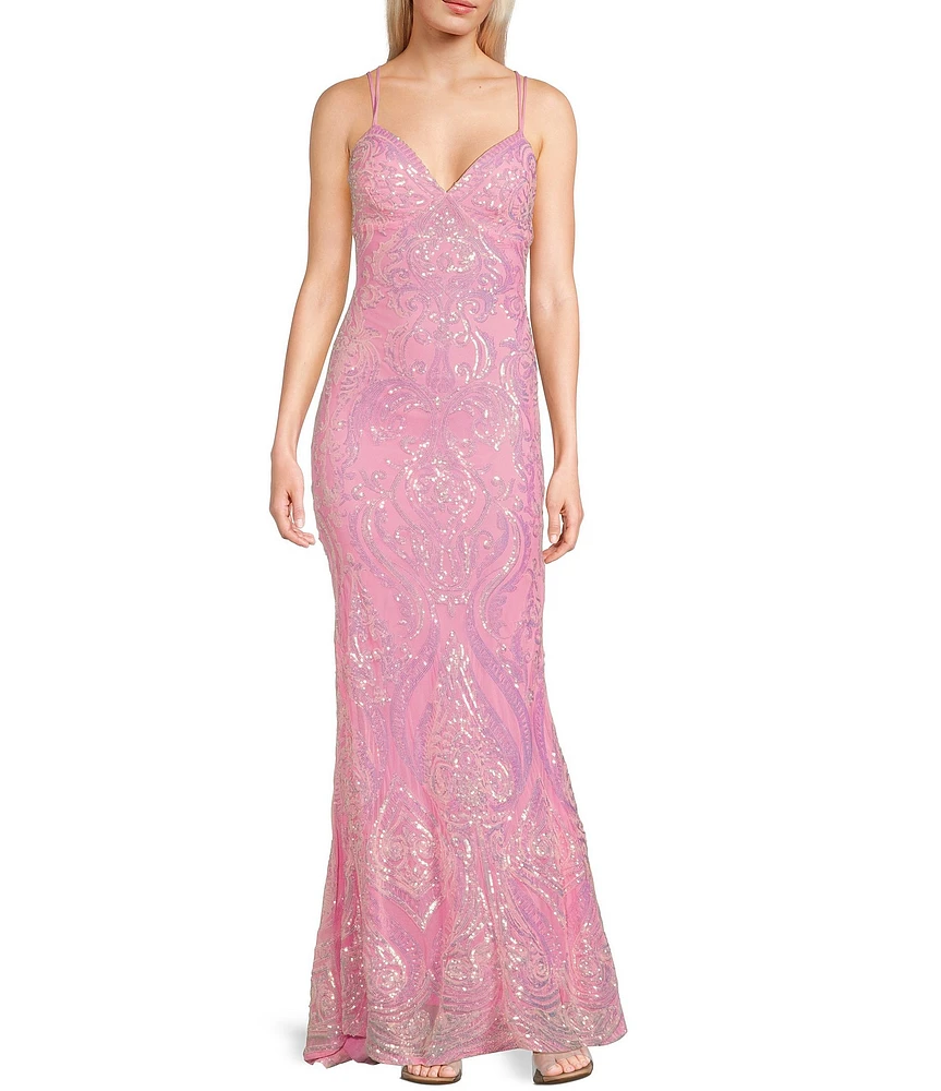 B. Darlin Sequin Pattern V-Neck Double Spaghetti Strap Lace Up Back Dress