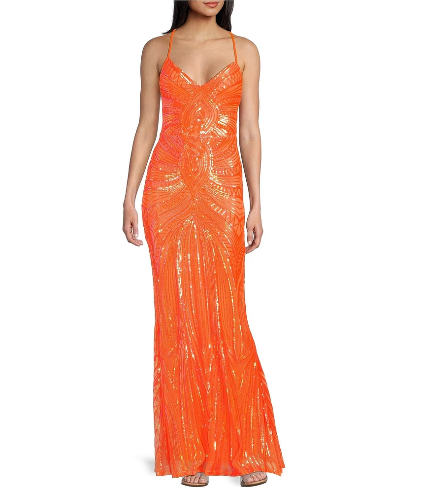 B. Darlin Sequin Pattern V-Neck Spaghetti Strap Lace Up Back Dress