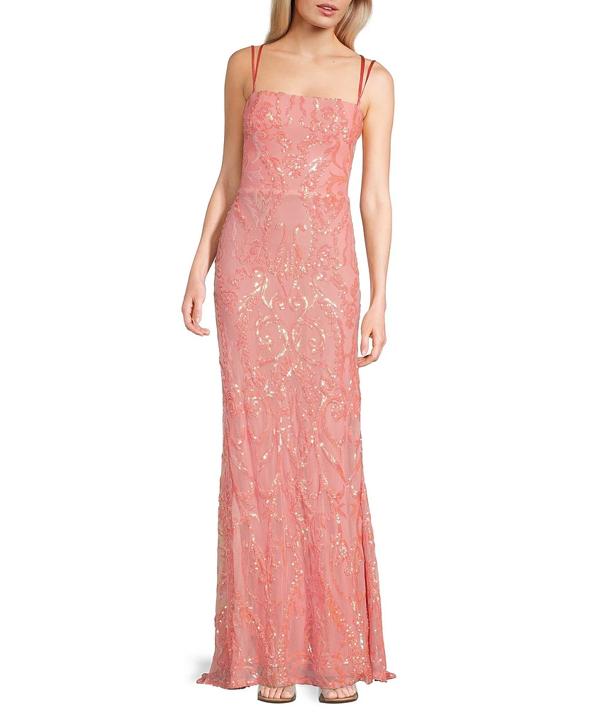 B. Darlin Sequin Patterned Straight Neck Double Spaghetti Strap Lace Up Back Dress