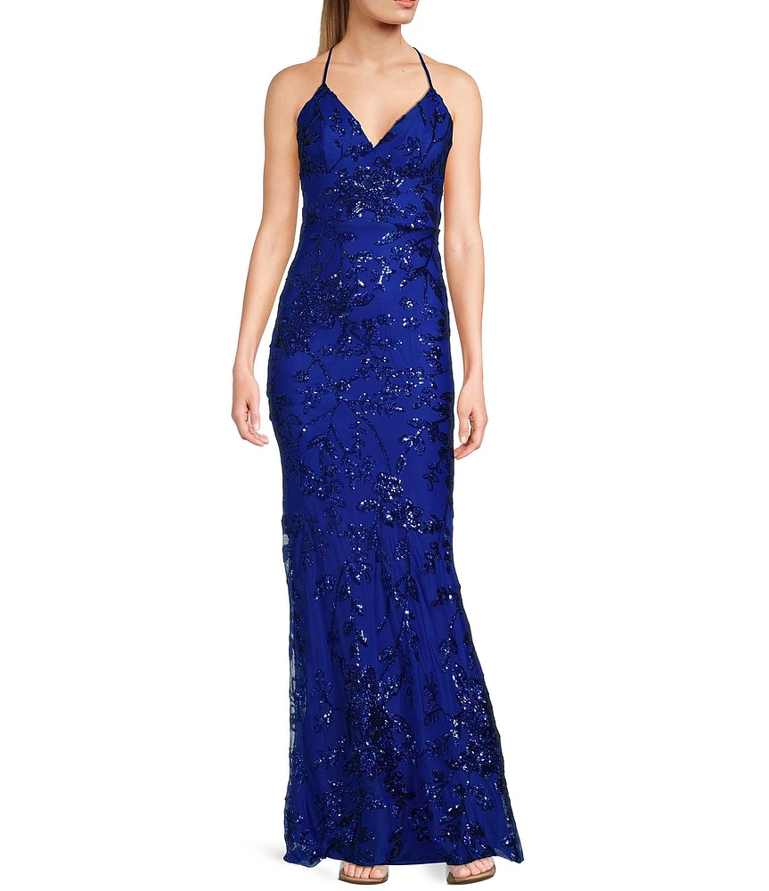 B. Darlin Sequin Patterned V-Neck Spaghetti Strap Tie Back Dress