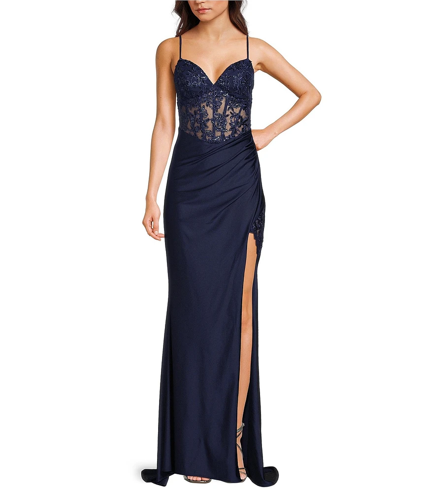 B. Darlin Sleeveless Sweetheart Neck Spaghetti Strap Illusion Lace Corset Side Slit Dress