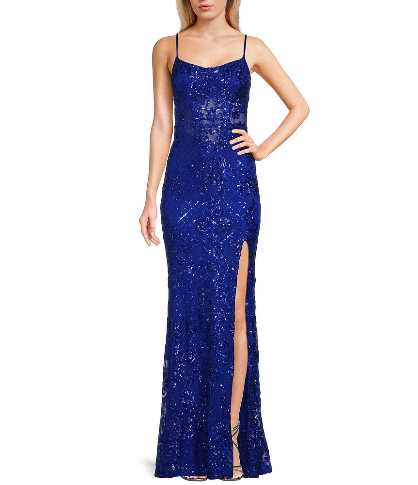 B. Darlin Spaghetti Strap Scoop Neck Back Lace Up Long Dress