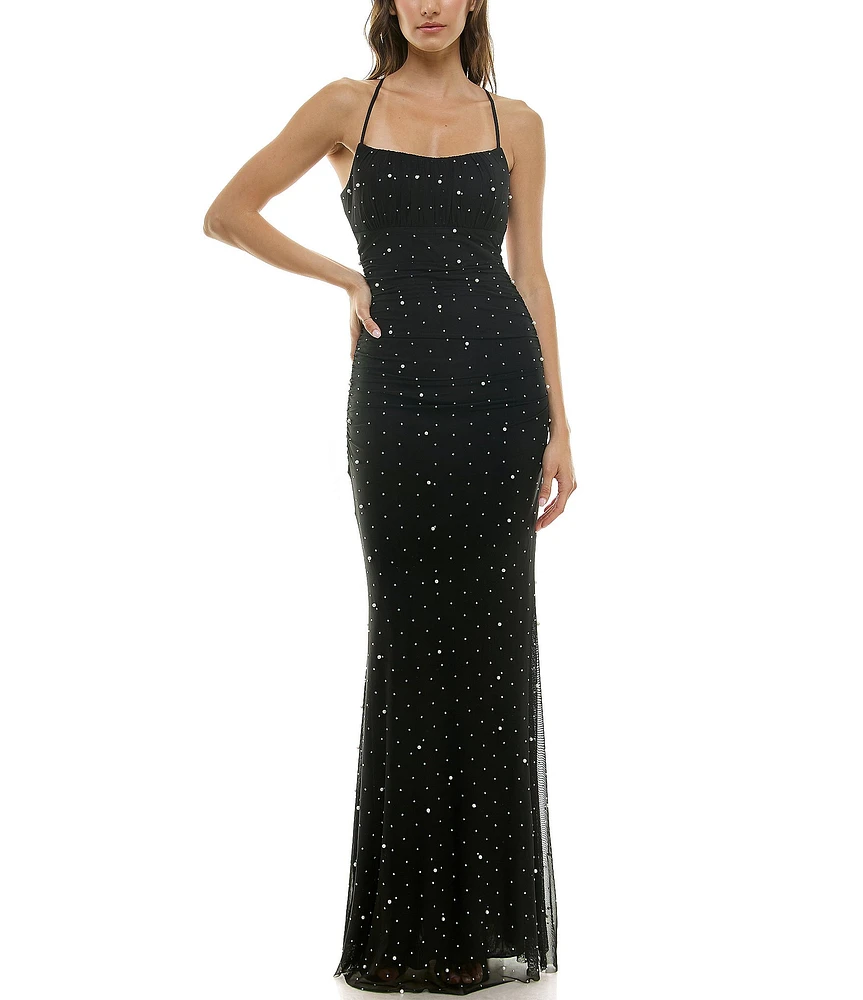 B. Darlin Stone Pearl Square Neck Spaghetti Strap Shirred Open Back Dress