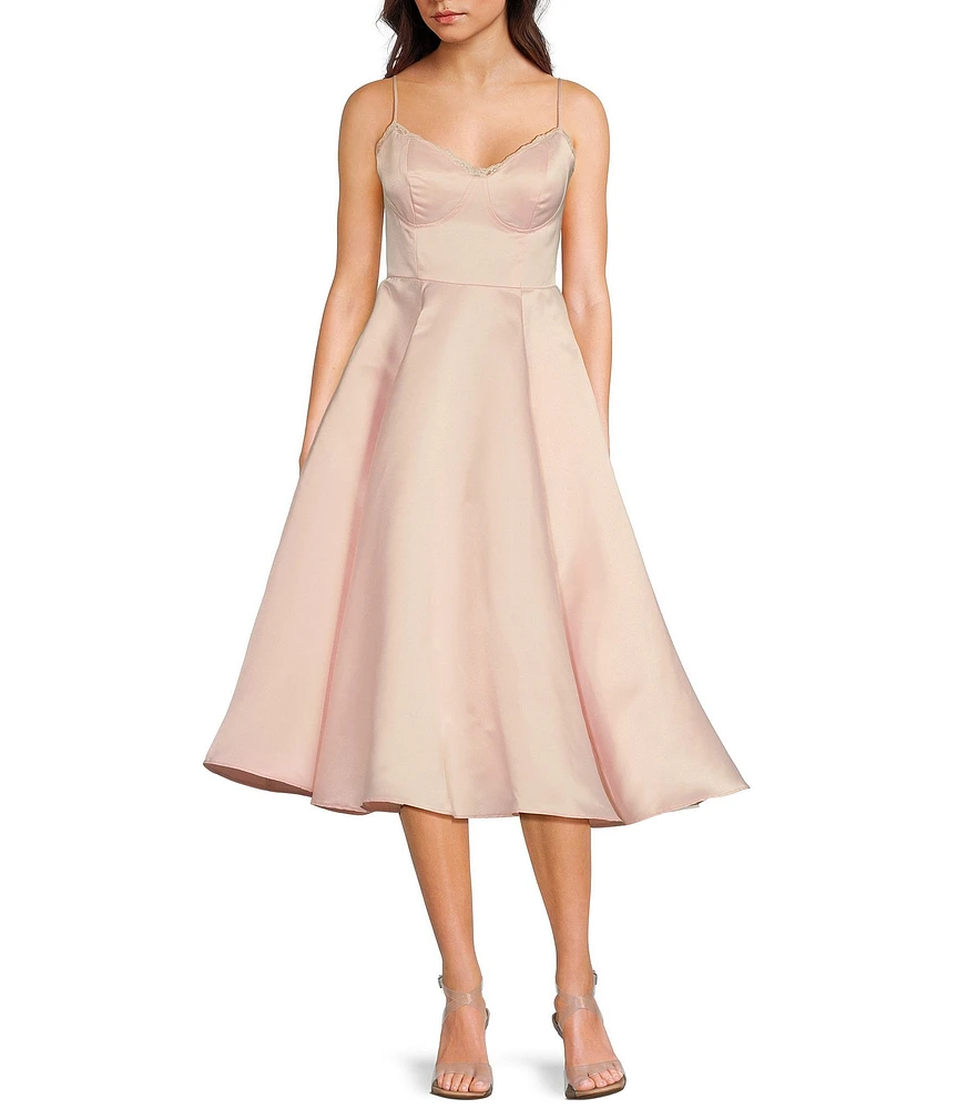 B. Darlin Sweetheart Neck Lace Trim Spaghetti Strap Midi Party Dress