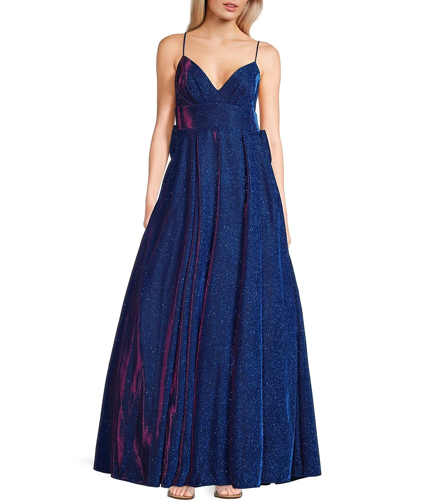 B. Darlin V-Neck Spaghetti Strap Bow Back Gown