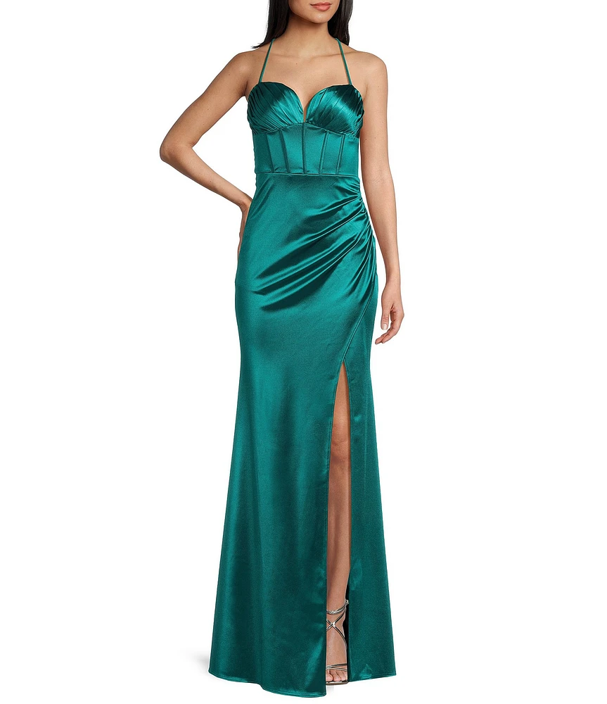 B. Darlin V-Neck Spaghetti Strap Corset Bodice Pleated Side Slit Dress