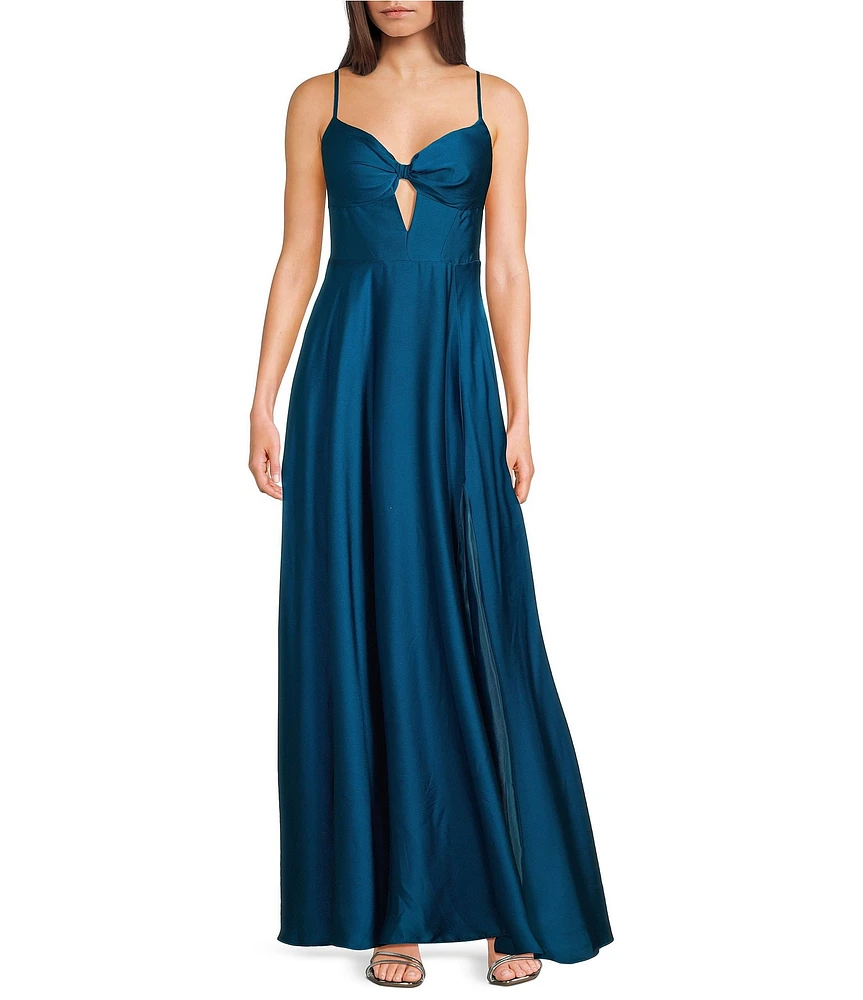B. Darlin V-Neck Spaghetti Strap Front Keyhole Lace Up Back A-Line Dress