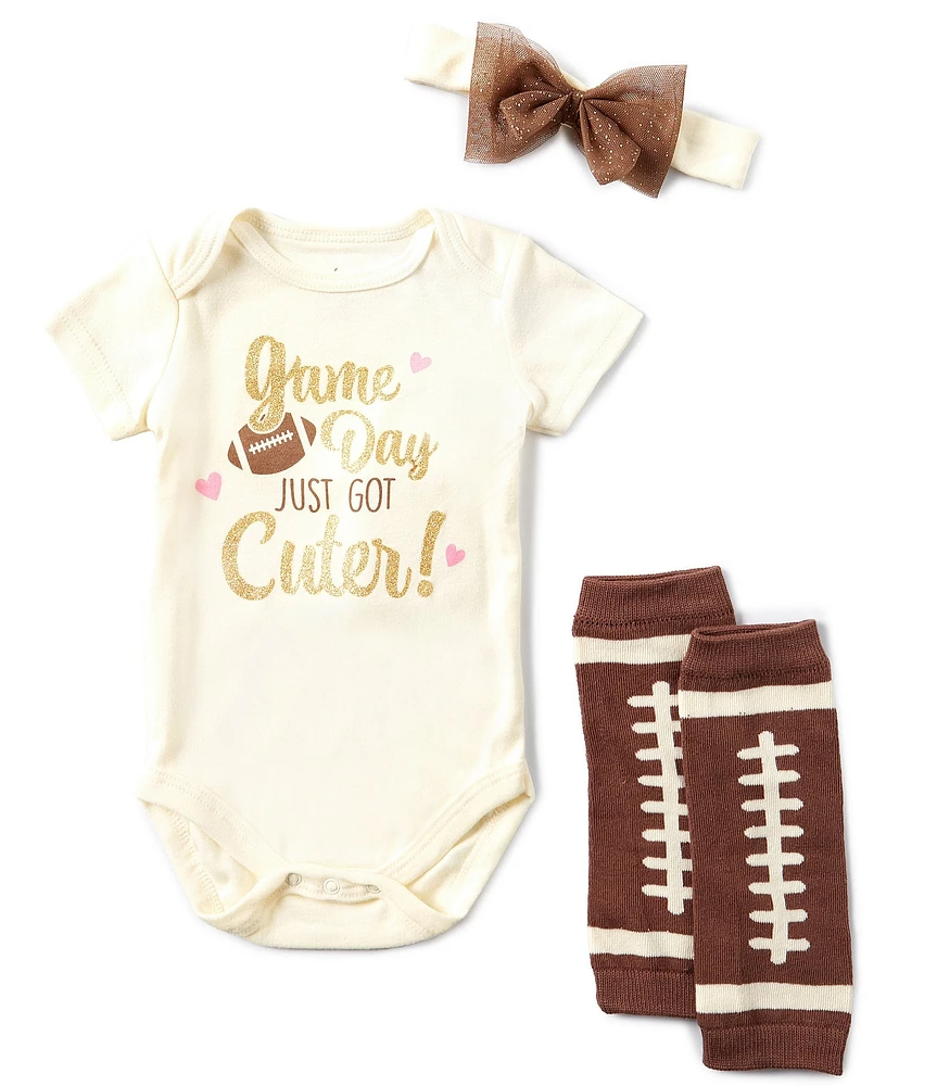 Baby Starters Baby Girls Short Sleeve Game Day Bodysuit & Football Print Leg Warmers & Bow-Accented Headband Set