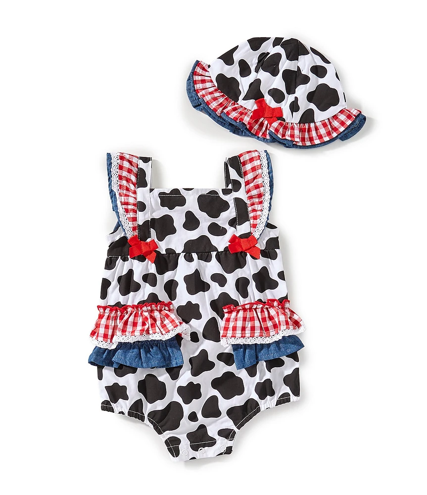 Baby Starters Baby Girls Cow Print Flutter Sleeve Bubble & Hat Set
