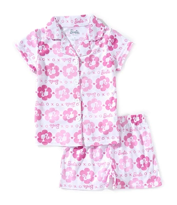 Barbie Little/Big Girls Logo Printed Short Sleeve Button Front Top & Short Pajama Set