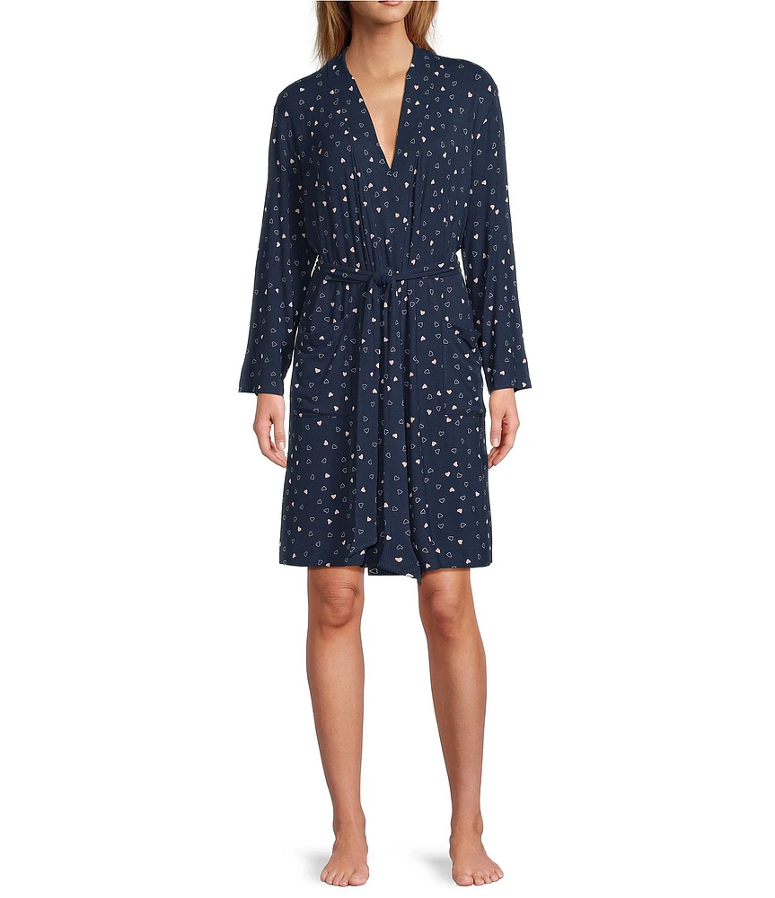 Barefoot Dreams Ultra Soft Ribbed Knit Long Sleeve Heart Print Short Robe