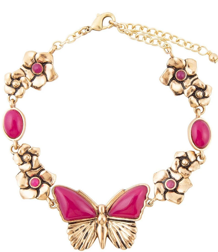 Barse Pink Fuchsia Agate Golden Butterfly Floral Adjustable Bracelet