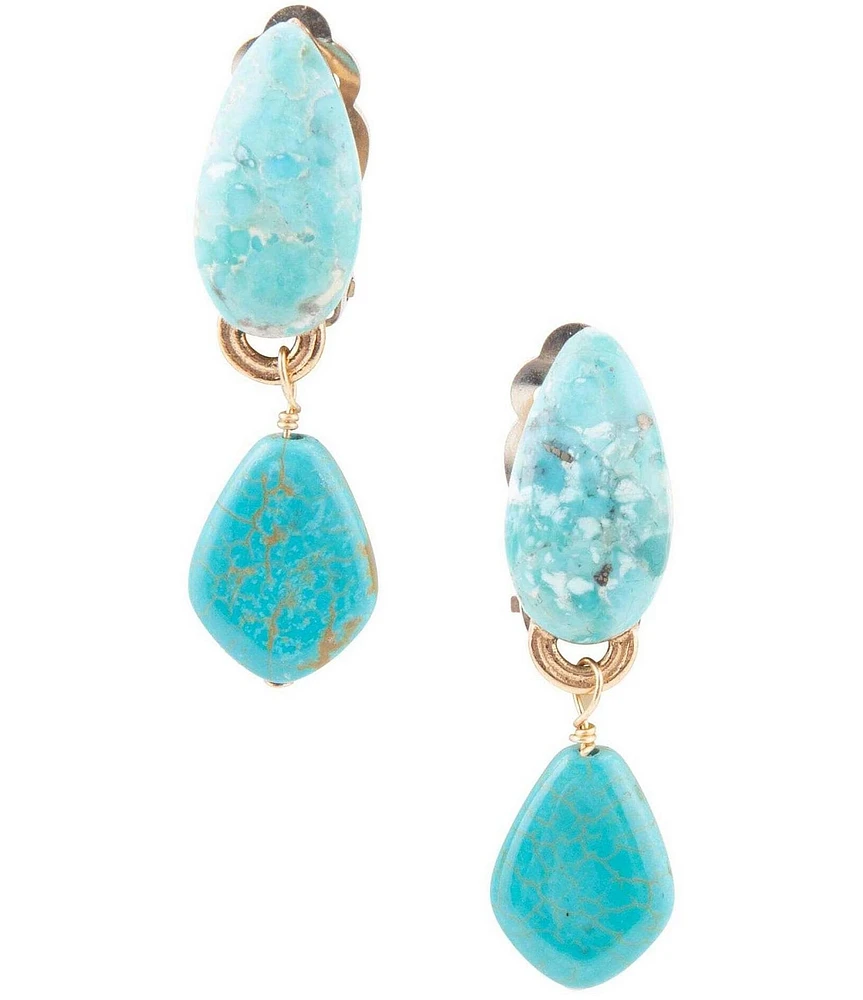 Barse Blue Turquoise Double Golden Drop Clip-On Earrings