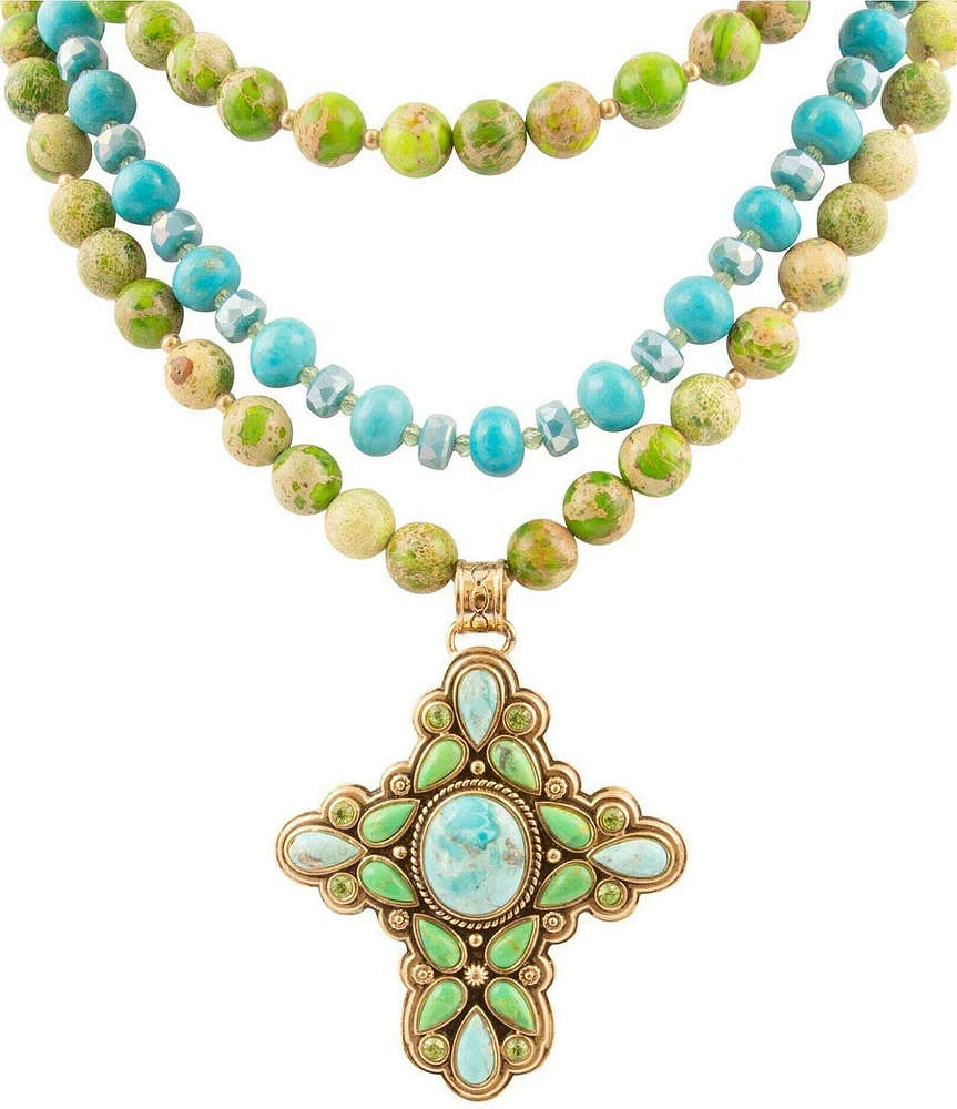 Barse Legacy Lime Green and Blue Turquoise Golden Cross Pendant Statement Necklace
