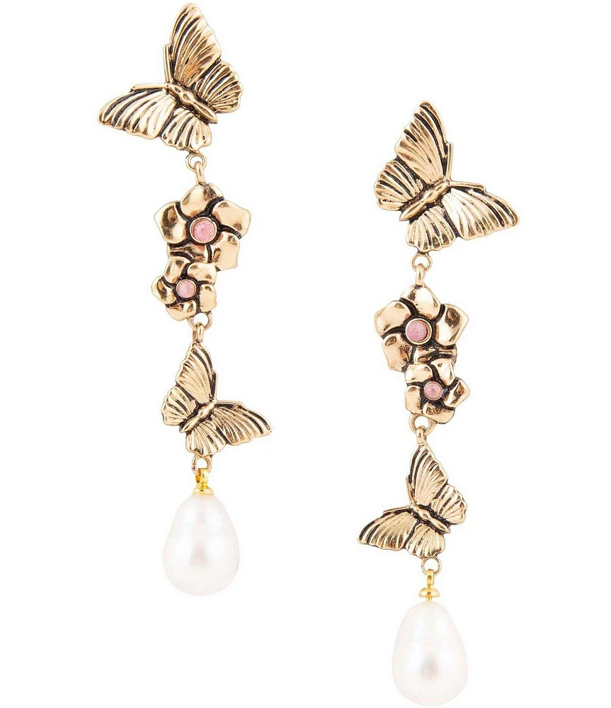 Barse Rhodonite and White Pearl Golden Butterfly Floral Post Drop Earrings