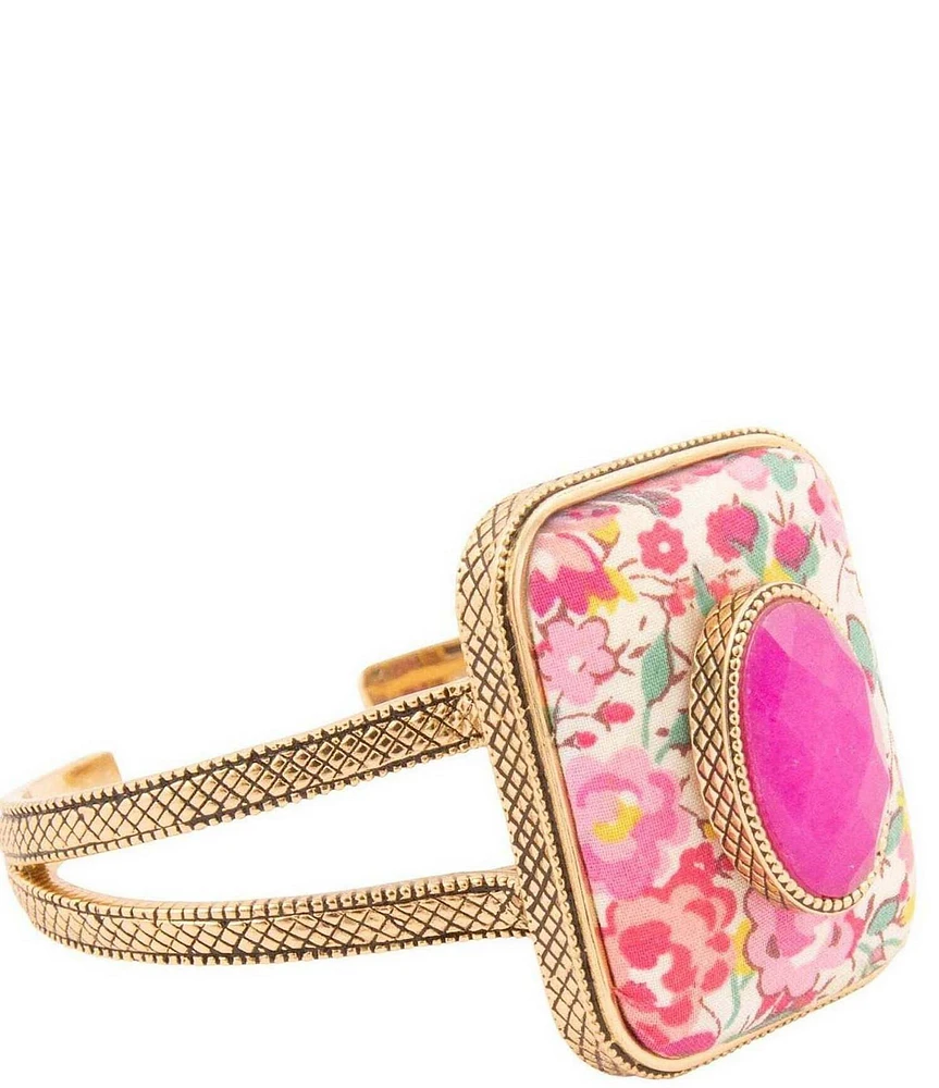 Barse Pink Agate Stone Floral Cuff Bracelet