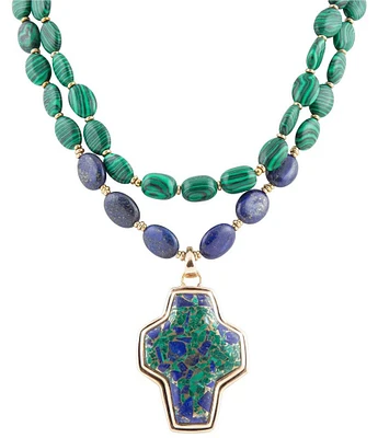 Barse Green Malachite Azurite Cross Statement Golden Necklace
