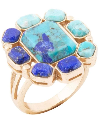 Barse Duality Blue Lapis and Turquoise Golden Statement Ring