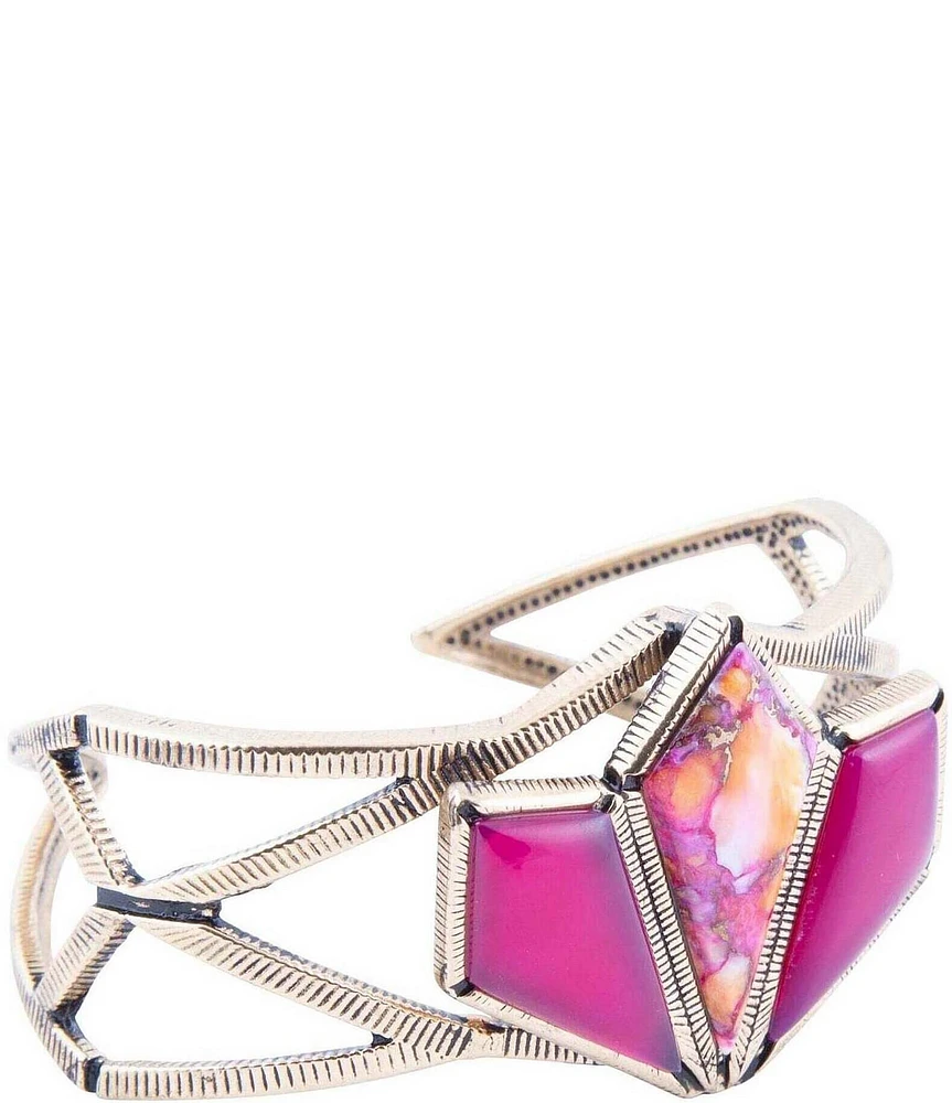 Barse Pink Agate and Coral Matrix Golden Cuff Bracelet
