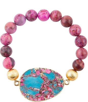 Barse Fuchsia Agate and Jasper Genuine Stone Beaded Stretch Bracelet