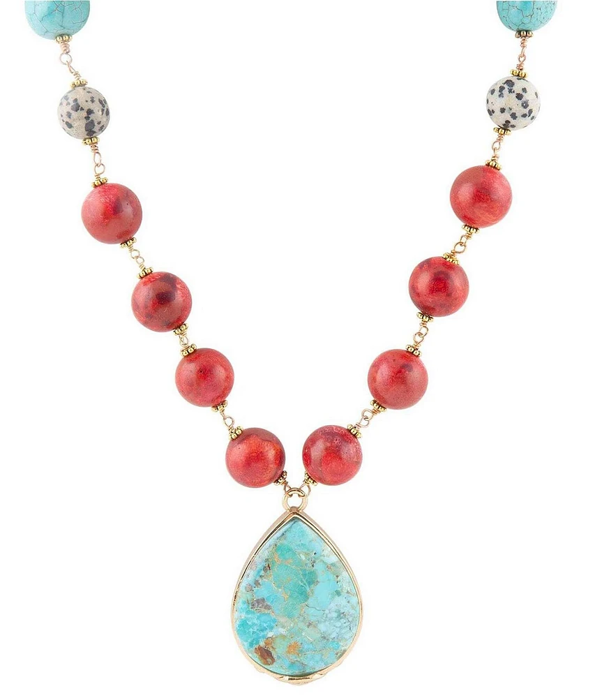 Barse Blue and Red Turquoise Teardrop Golden Necklace