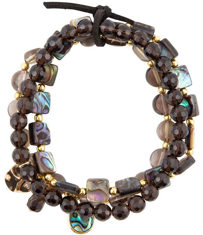 Barse Sepia Sea Black Smoky Quartz and Blue Abalone Bracelet Set