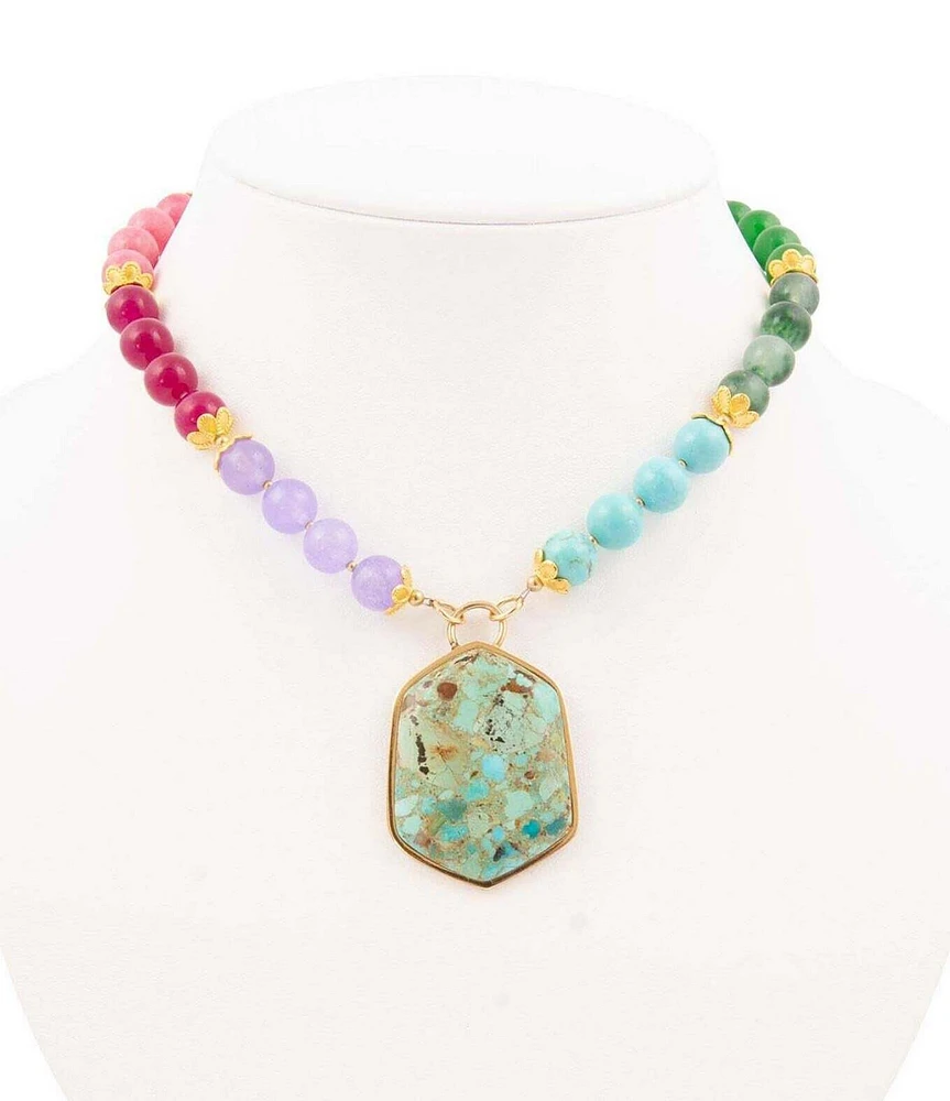 Barse Kaleidoscope Multistone Blue Turquoise Pendant Golden Necklace