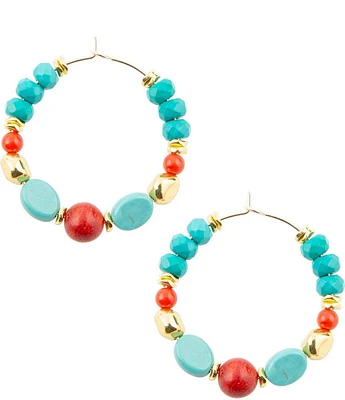 Barse Mesa Blue Magnesite and Orange Coral Golden Hoop Earrings