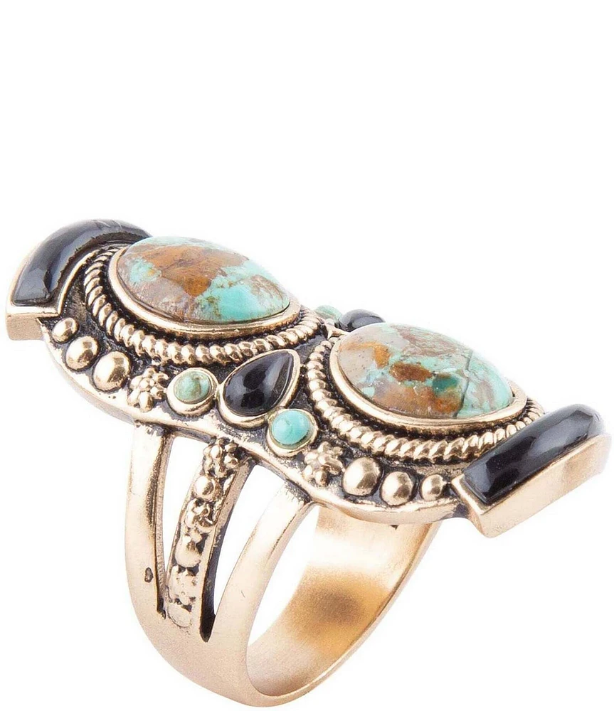 Barse Double Up Blue Turquoise and Black Onyx Golden Ring
