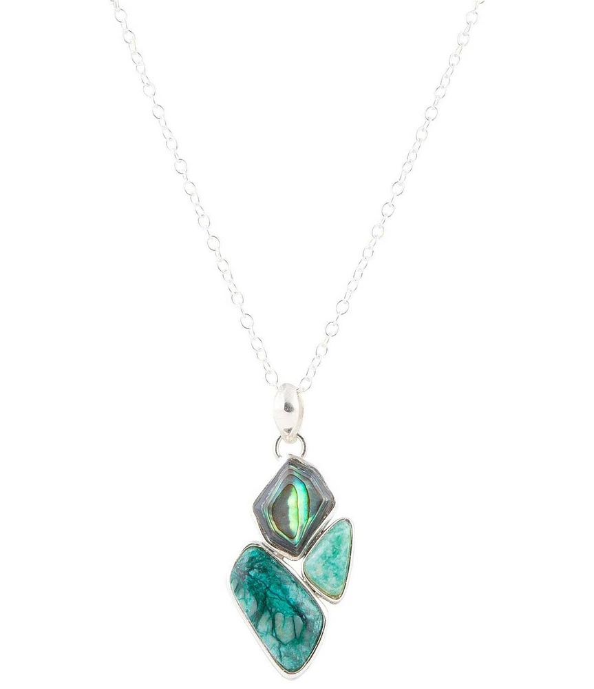 Barse Blue Abalone Fire Sterling Silver Cluster Pendant Necklace
