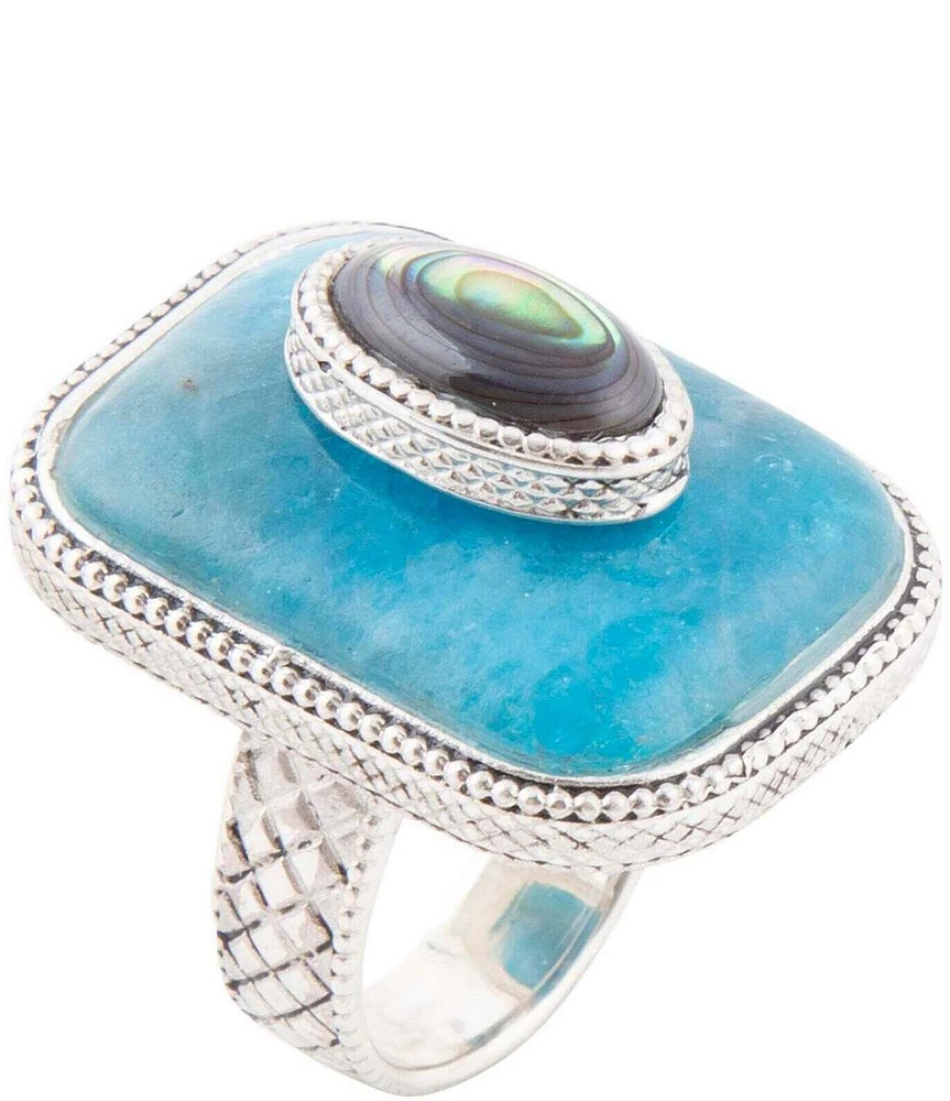 Barse Sterling Silver, Genuine Apatite and Abalone Statement Ring