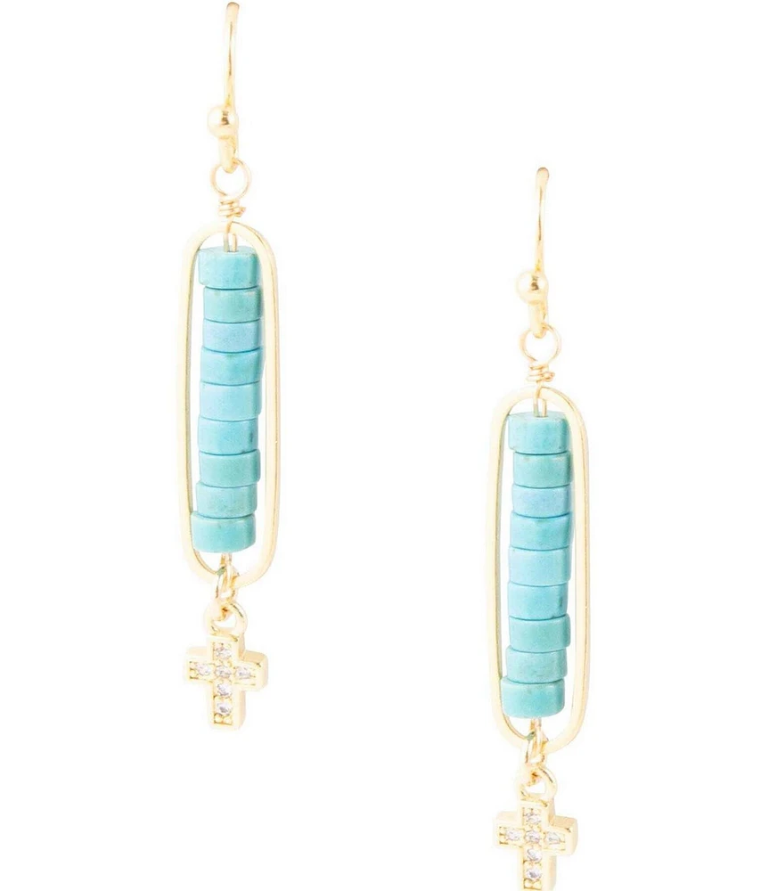 Barse Turquoise Magnesite Genuine Stone And Cross Linear Earrings